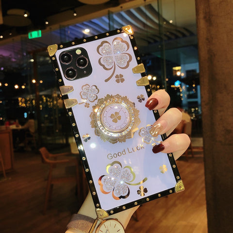 Image of Samsung S20plus Luxury square clover case S10 S9 S8 note10 9 A50 A70 A71 A51 A21s soft back cover sharp edge fancy mobile phone case with ring bracket holder