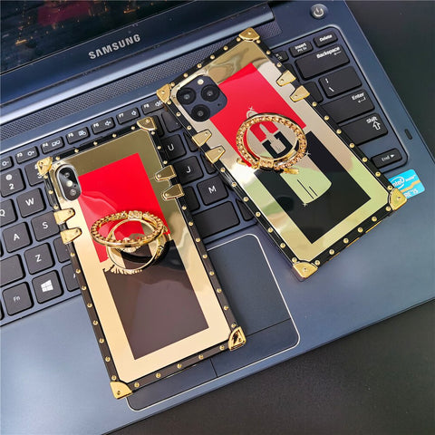 Image of Case for iphone 12 PRO MAX X XS XR 11 Luxury Brand Sexy Red Lips for apple 6 6S 7 8 PLUS Glitter Lipstick Gold Mirror Square Phone Cover