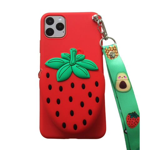Image of iphoneX XR Xsmax apple 8 7 6 plus phone case 3D Cartoon Purse Soft Case Zipper Wallet Phone Back Cover Shell with neck strap