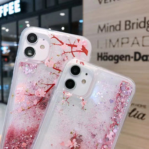 iPhone 12 11 Pro Max cute shining Casing lovely peach flower glitter liquid quicksand phone case For apple X XR XS Max SE 2020 pink flowerings for girls