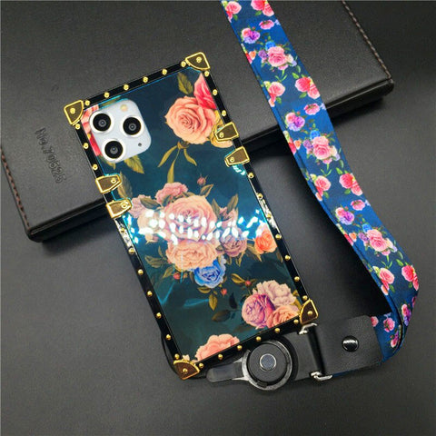 Image of Case For iPhone XS Max Fashion Brand Vintage Rose Flower X XR 7 Plus 8 6S Bling Square Phone Cover for iphone 11 PRO MAX 12 PRO