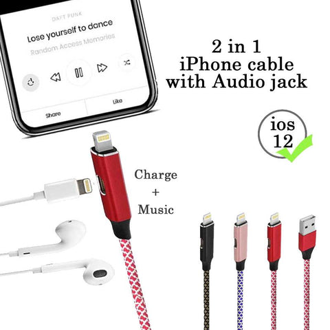 Image of 2 in 1 iPhone Dual Lightning Adapter Audio music jack 2A fast Charging Cable