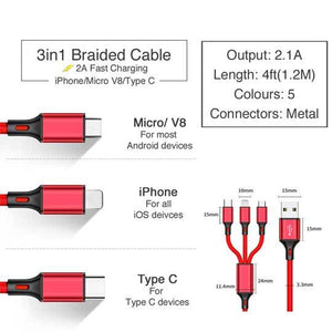 3 in1 2A Fast Charging Braided Cable for iPhone Android Type C