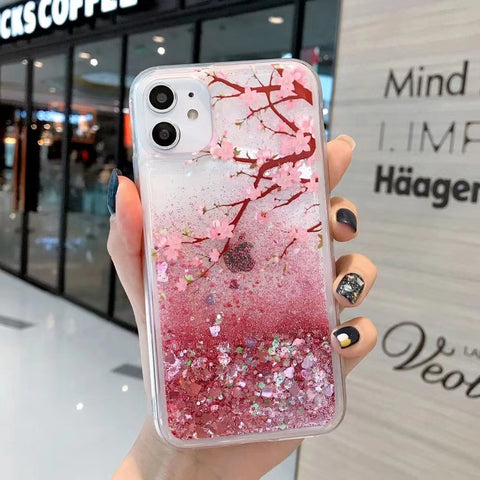 Image of iPhone 12 11 Pro Max cute shining Casing lovely peach flower glitter liquid quicksand phone case For apple X XR XS Max SE 2020 pink flowerings for girls