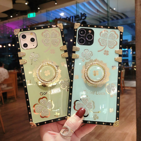 Image of Samsung S20plus Luxury square clover case S10 S9 S8 note10 9 A50 A70 A71 A51 A21s soft back cover sharp edge fancy mobile phone case with ring bracket holder