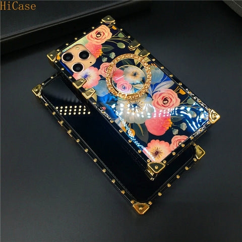 Image of Case For iPhone XS Max Fashion Brand Vintage Rose Flower X XR 7 Plus 8 6S Bling Square Phone Cover for iphone 11 PRO MAX 12 PRO