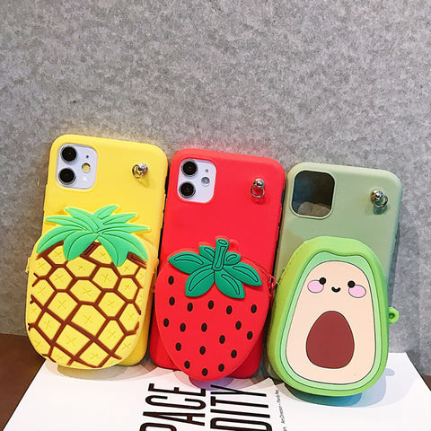 Image of iphoneX XR Xsmax apple 8 7 6 plus phone case 3D Cartoon Purse Soft Case Zipper Wallet Phone Back Cover Shell with neck strap