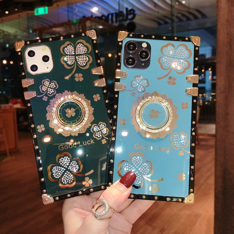 Image of Samsung S20plus Luxury square clover case S10 S9 S8 note10 9 A50 A70 A71 A51 A21s soft back cover sharp edge fancy mobile phone case with ring bracket holder