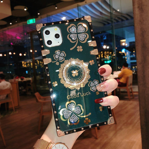 Image of Samsung S20plus Luxury square clover case S10 S9 S8 note10 9 A50 A70 A71 A51 A21s soft back cover sharp edge fancy mobile phone case with ring bracket holder