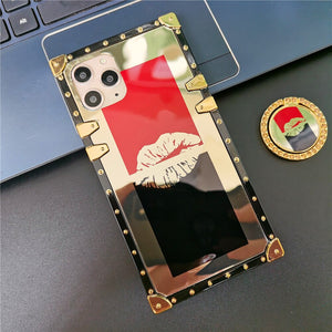 Case for iphone 12 PRO MAX X XS XR 11 Luxury Brand Sexy Red Lips for apple 6 6S 7 8 PLUS Glitter Lipstick Gold Mirror Square Phone Cover