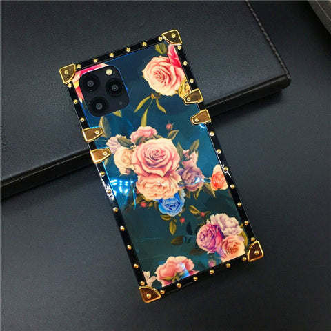 Image of Luxury Gold Plating Floral Laser Flower Square Cover For iPhones