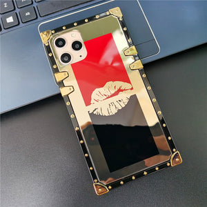 Case for iphone 12 PRO MAX X XS XR 11 Luxury Brand Sexy Red Lips for apple 6 6S 7 8 PLUS Glitter Lipstick Gold Mirror Square Phone Cover