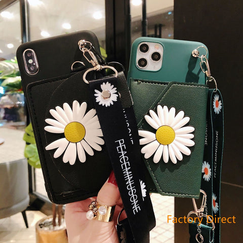 Image of Samsung A11 21S  A31 A71 phone case GalaxyA5 A6 A9 A10S A20S A12 A22 A32 A42 A52 daisy white flower casing with card wallet change purchase key card bag with cross body strap back cover