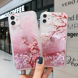 iPhone 12 11 Pro Max cute shining Casing lovely peach flower glitter liquid quicksand phone case For apple X XR XS Max SE 2020 pink flowerings for girls