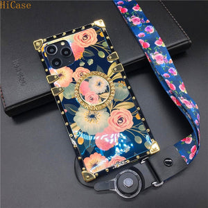 Case For iPhone XS Max Fashion Brand Vintage Rose Flower X XR 7 Plus 8 6S Bling Square Phone Cover for iphone 11 PRO MAX 12 PRO