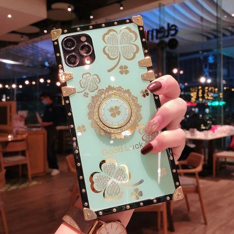 Image of Samsung S20plus Luxury square clover case S10 S9 S8 note10 9 A50 A70 A71 A51 A21s soft back cover sharp edge fancy mobile phone case with ring bracket holder