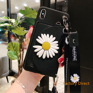Samsung A11 21S  A31 A71 phone case GalaxyA5 A6 A9 A10S A20S A12 A22 A32 A42 A52 daisy white flower casing with card wallet change purchase key card bag with cross body strap back cover