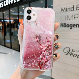 iPhone 12 11 Pro Max cute shining Casing lovely peach flower glitter liquid quicksand phone case For apple X XR XS Max SE 2020 pink flowerings for girls