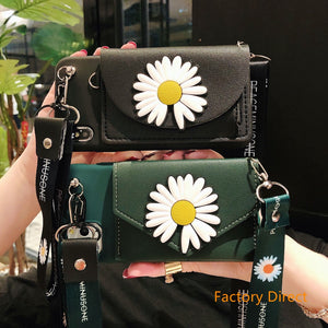 Samsung A11 21S  A31 A71 phone case GalaxyA5 A6 A9 A10S A20S A12 A22 A32 A42 A52 daisy white flower casing with card wallet change purchase key card bag with cross body strap back cover