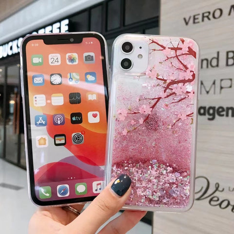 Image of iPhone 12 11 Pro Max cute shining Casing lovely peach flower glitter liquid quicksand phone case For apple X XR XS Max SE 2020 pink flowerings for girls