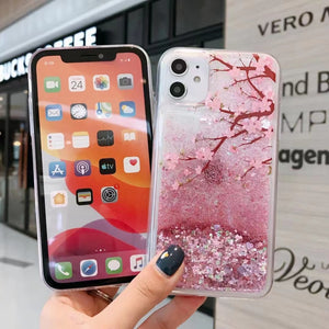 iPhone 12 11 Pro Max cute shining Casing lovely peach flower glitter liquid quicksand phone case For apple X XR XS Max SE 2020 pink flowerings for girls