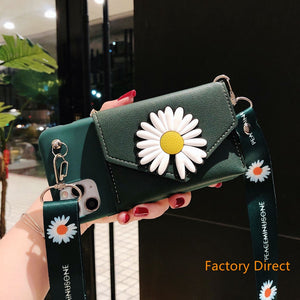 Samsung A11 21S  A31 A71 phone case GalaxyA5 A6 A9 A10S A20S A12 A22 A32 A42 A52 daisy white flower casing with card wallet change purchase key card bag with cross body strap back cover