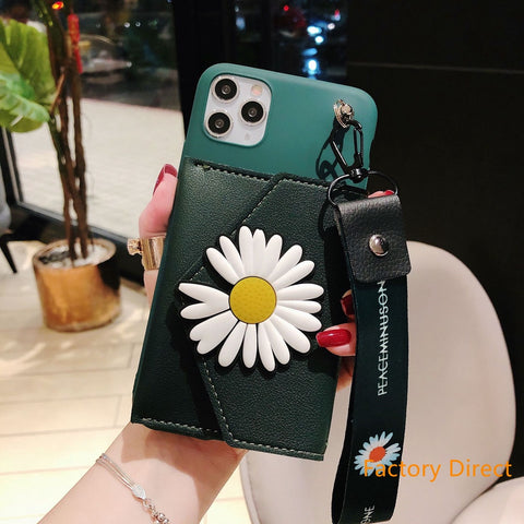 Image of Samsung A11 21S  A31 A71 phone case GalaxyA5 A6 A9 A10S A20S A12 A22 A32 A42 A52 daisy white flower casing with card wallet change purchase key card bag with cross body strap back cover