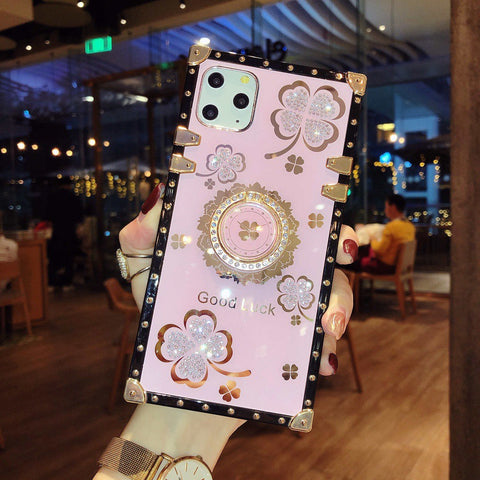 Image of Samsung S20plus Luxury square clover case S10 S9 S8 note10 9 A50 A70 A71 A51 A21s soft back cover sharp edge fancy mobile phone case with ring bracket holder