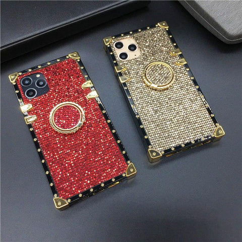 Image of Luxury Bling Cover Square Gold Glitter Phone Case ring holder for Samsung A32 A52 A72 A42 A50 A70 A51 A71 A12 A10S A20S A31 A9 A22 M20 M30S