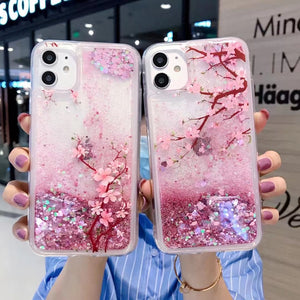 iPhone 12 11 Pro Max cute shining Casing lovely peach flower glitter liquid quicksand phone case For apple X XR XS Max SE 2020 pink flowerings for girls