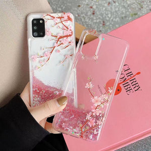 iPhone 12 11 Pro Max cute shining Casing lovely peach flower glitter liquid quicksand phone case For apple X XR XS Max SE 2020 pink flowerings for girls