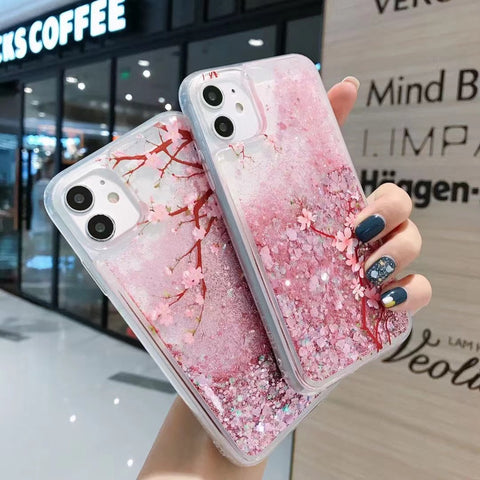 Image of iPhone 12 11 Pro Max cute shining Casing lovely peach flower glitter liquid quicksand phone case For apple X XR XS Max SE 2020 pink flowerings for girls