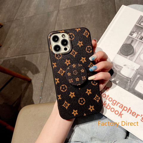 Image of iPhone 14 13 12 mini 11 pro max printed pattern leather case with build-in stand